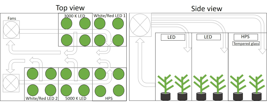 Diagrama esquemático de las cinco cámaras de cultivo, con las mismas condiciones atmósfericas.
